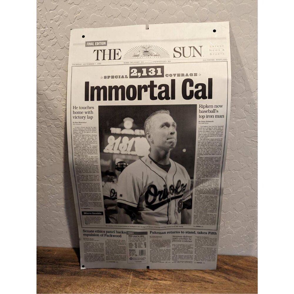 1995 Cal Ripkin Baltimore Orioles The Sun Newspaper Printing Plate